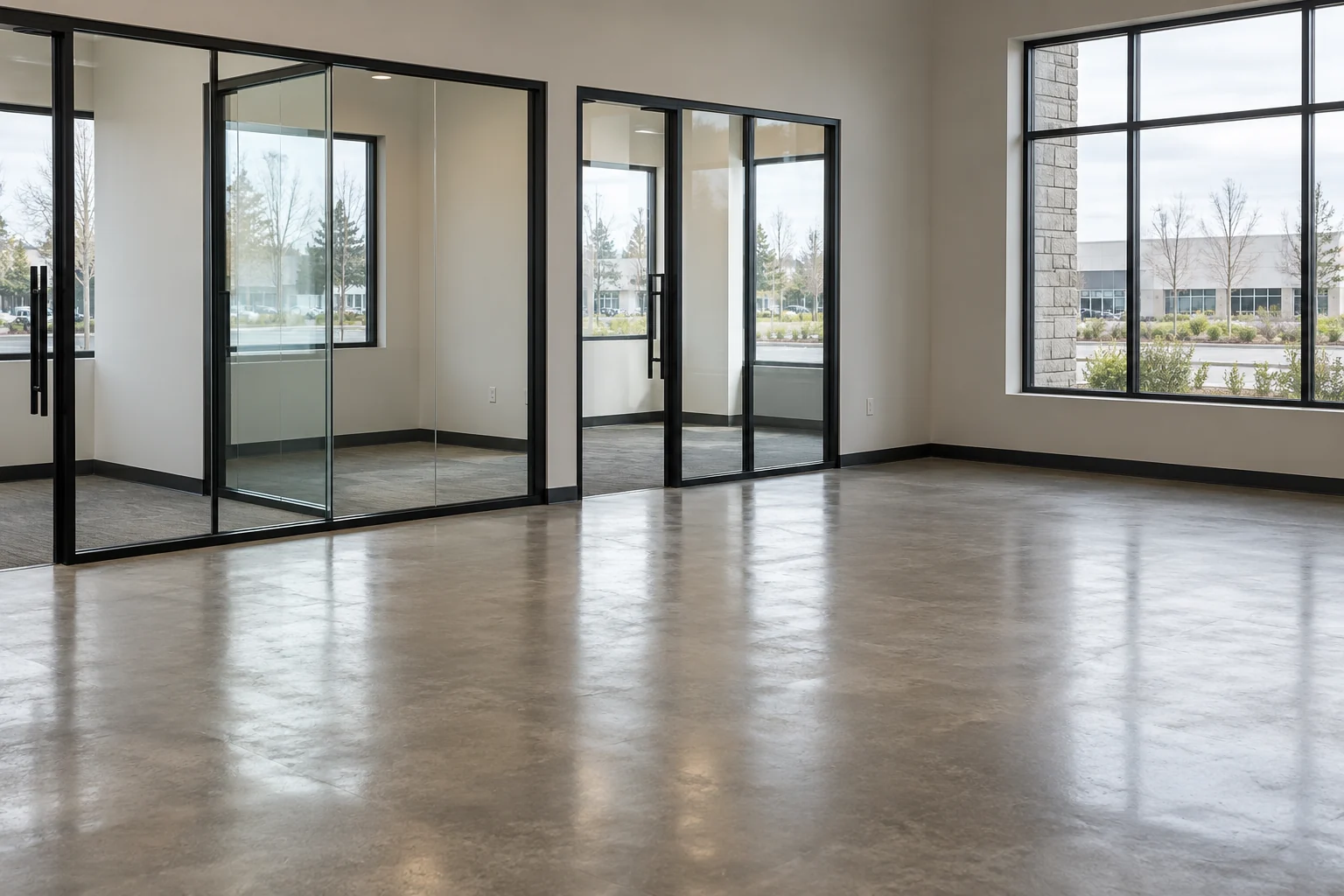 Empty commercial interior with glass partitions, large windows and a concrete floor