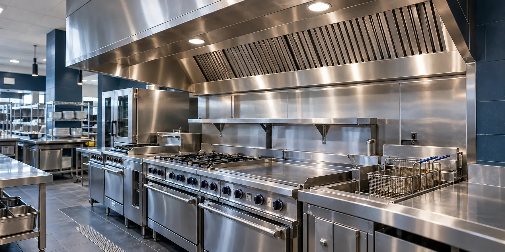 Commercial kitchen with a stainless-steel exhaust hood above a cooking line