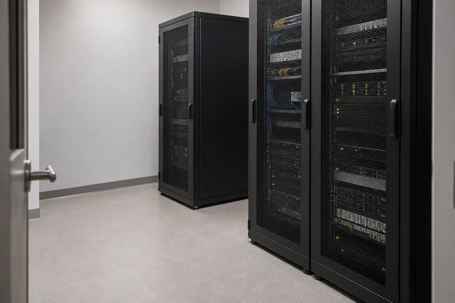 Server room with closed black rack cabinets and a clear aisle